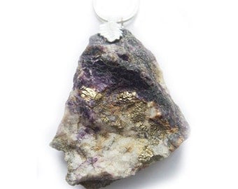 One of a Kind Purple Mineral Stone with Gold Pyrite Necklace
