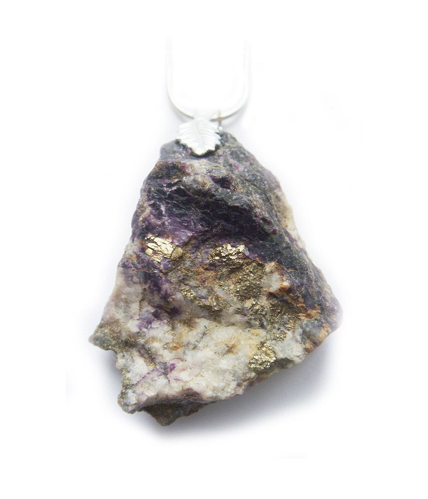 One of a Kind Purple Mineral Stone with Gold Pyrite Necklace