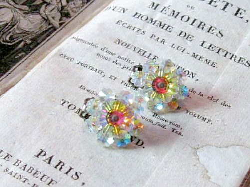 Vintage Aurora Borealis Beaded Clip Earrings