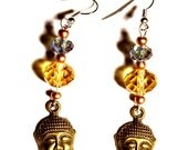 Bronze Buddha Earrings with  Ethereal Amber Gold Saphire Blue Glass Beads
