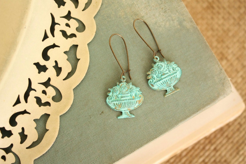 Turquoise Green Patina Urn with Flowers Earrings