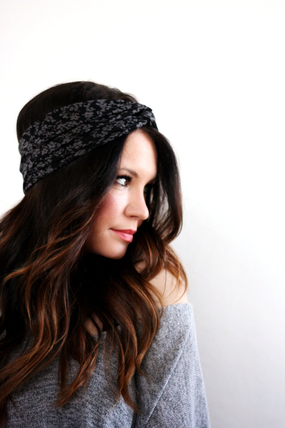 Gray and Black Floral - Turban Style Headband