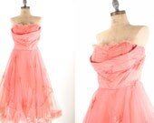 50s Pink Embroidered Ruffle Full Skirt Rockabilly Prom Dress XS