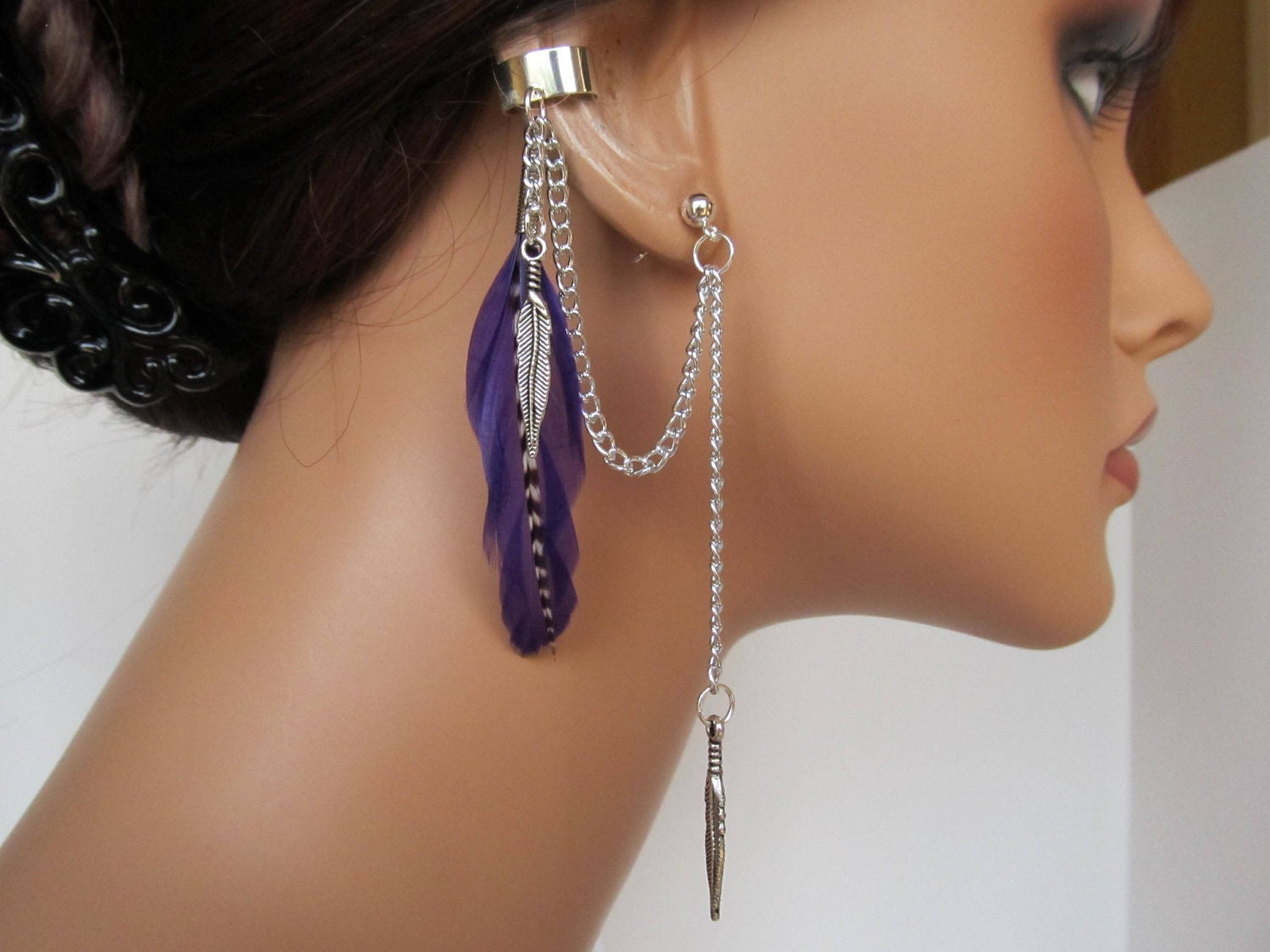 Ear Cuff Wrap Purple Rooster Feather Chain Cartilage Non Pierced and Earrings