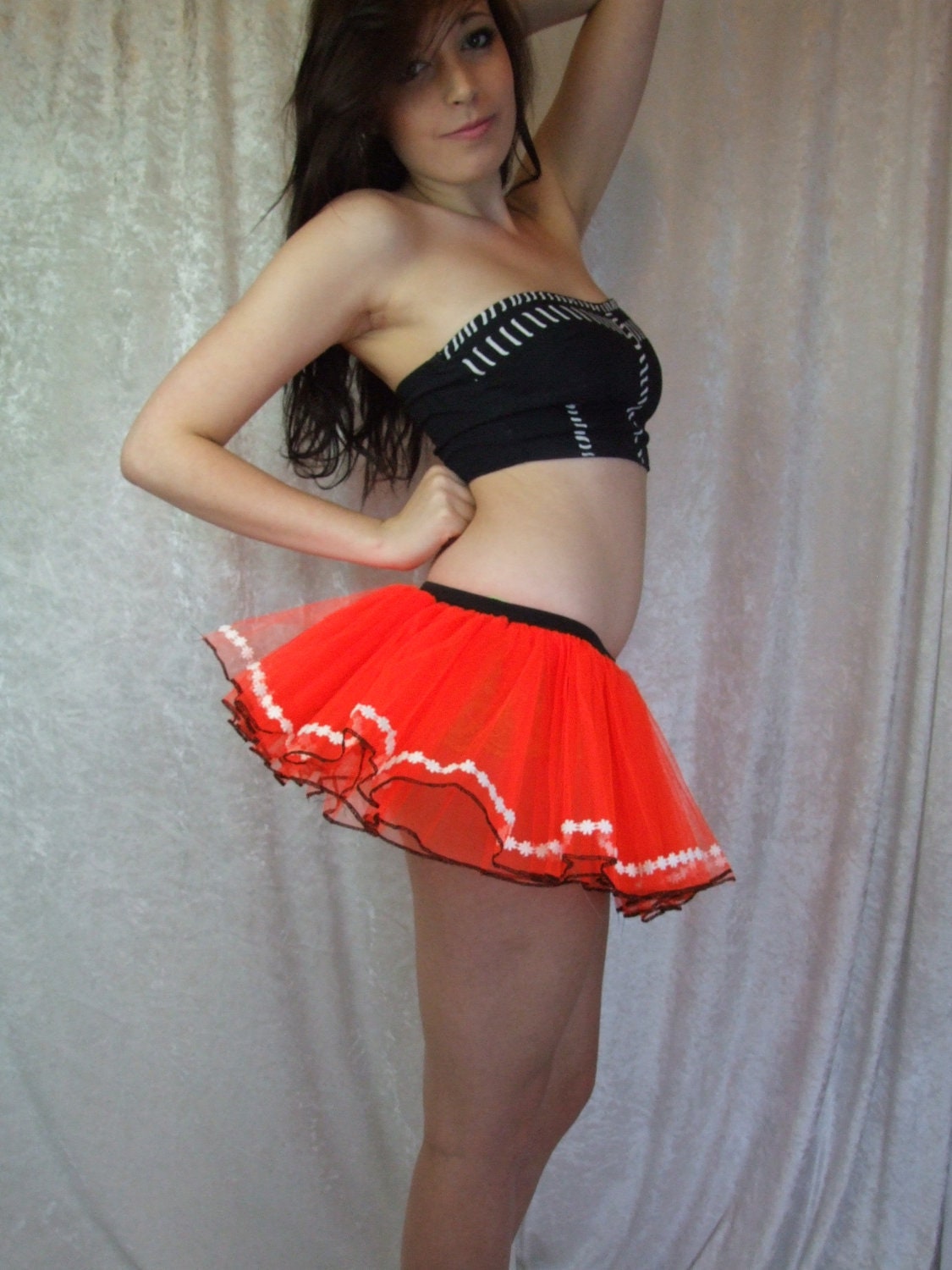 NEON Orange Tutu, UV White, Daisy, Black, Rave, Ladies, S, Size, Small, OOAK, Net Skirt, Upcycled, Festival, Party, Clothing, Wear