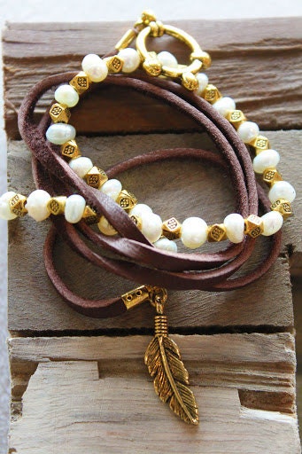Bohemian Brown Leather lace, rice pearls and gold feather charm wrap bracelet/Bohemian bride bracelet