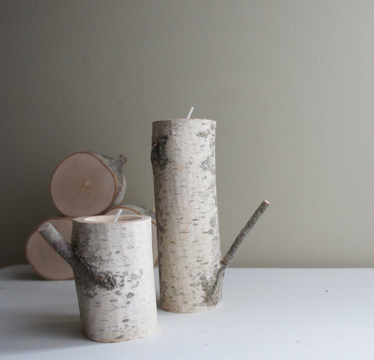 natural white birch wood candle holders - set of 2