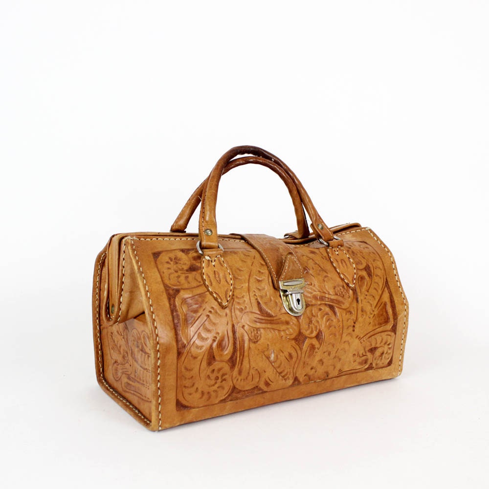 tooled leather doctor bag / structured handbag