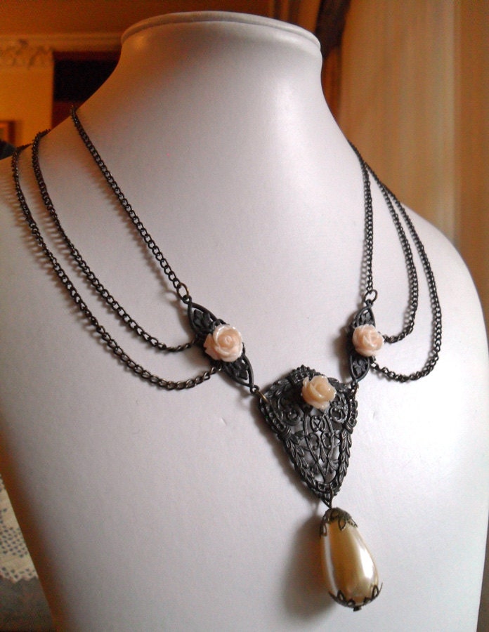Art Nouveaux Inspired Necklace - The Rose Garden - Dark Antiqued Brass Ornaments with Cream White Roses and Glass Pearl Drop - Vintage
