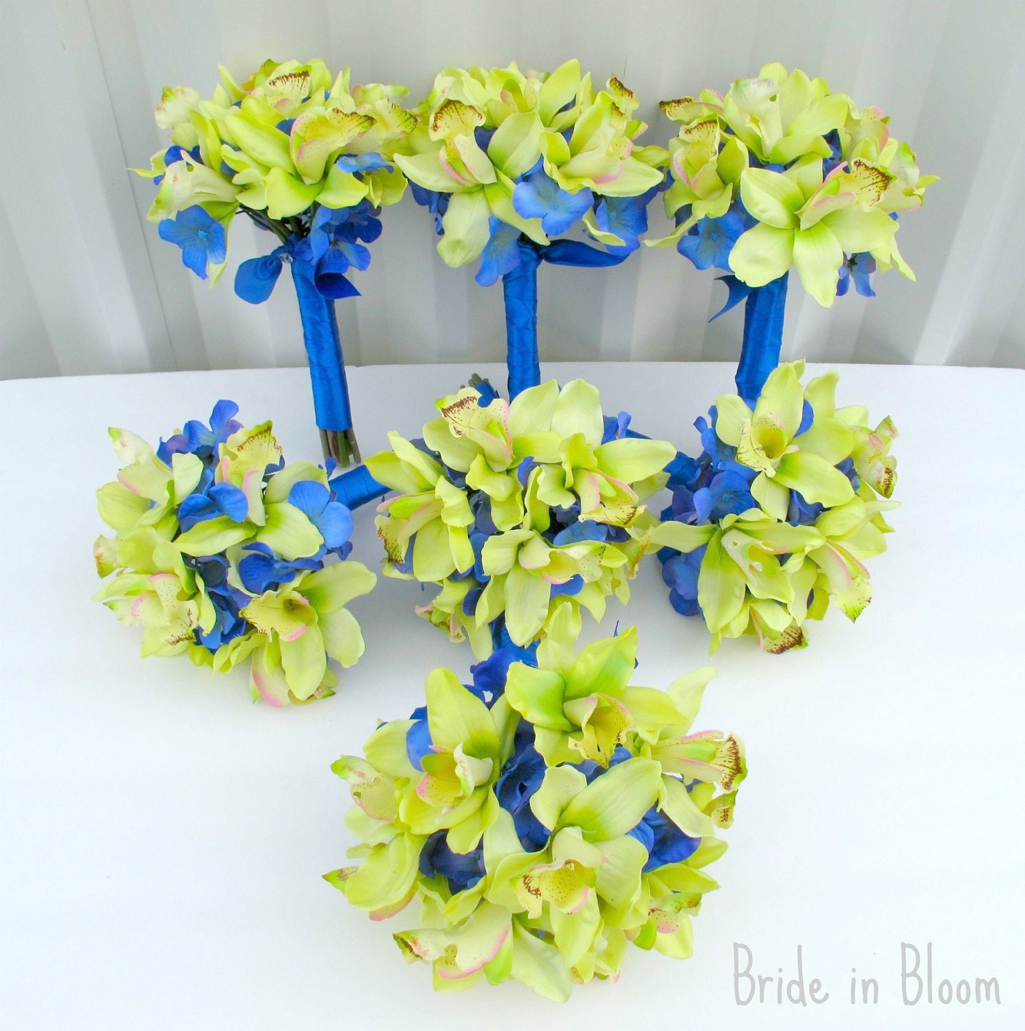 Wedding bouquets green orchids royal blue 13 piece set - silk bridal flowers custom made package