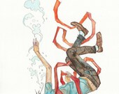 Sinking - art print of original painting - sinking ribbon red swimming underwater bubbles