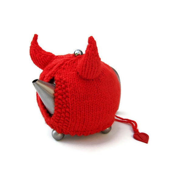 FREE SHIPPING - Knit tea cosy red devil horns Halloween novelty tea cozy unique unusual cozies Made to Order