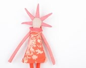 Ooak Canvas spikes  doll  With cool pink Haircut , peach ethnic floral dress , Coral collar, Orange Corduroy pants. timo handmade doll