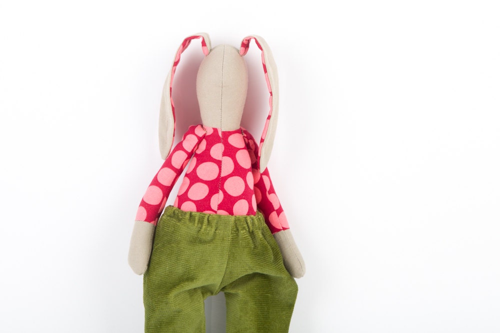 Modern bunny ,softie Toy , Fabric doll - Beige Rabbit in Burgundy shirt with pink spots Wearing Green corduroy pants - eco handmade doll