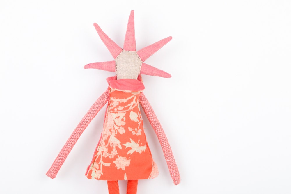 Ooak Canvas spikes  doll  With cool pink Haircut , peach ethnic floral dress , Coral collar, Orange Corduroy pants. timo handmade doll