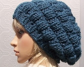 Hand knit hat - beehive hat - denim blue - Winter Fashion accessories Sandy Coastal Designs - ready to ship