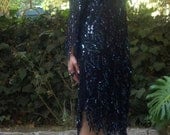 Black Silk Sequin Beaded Flapper Fringe Dress M L