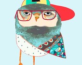 Hat Owl. Awesome children's illustration, kids art print, poster.