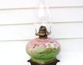 Antique Oil Lamps, Hurricane Lamp, Gone with the Wind, Victorian Lighting / Pink / Green / White Roses