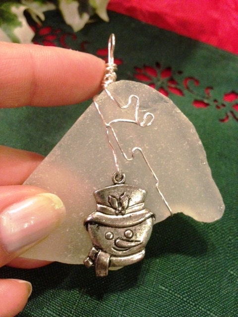 Snowman Wire Wrapped Sea Glass Ornament