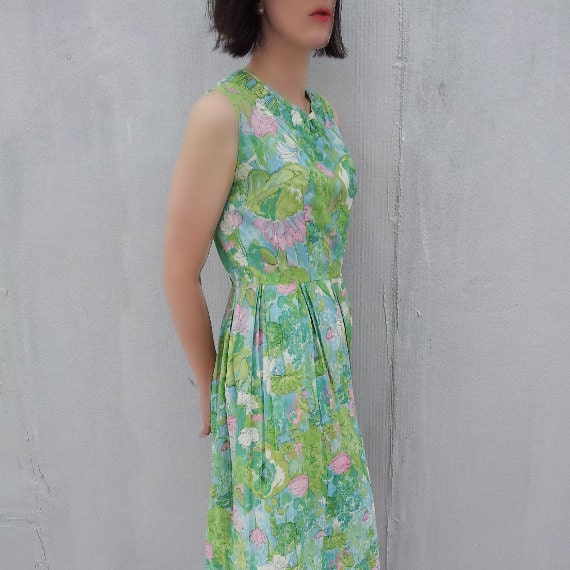 60s Green Pink Floral Dress 50s Vintage Garden Party Dress Fit Flare Day Dress Wiggle Top Pleated Full Skirt Mad Men Spring Fashion Dress