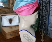 Vintage Cloche Hat, 1950s Womens Red Velvet and Satin Dress Hat, Pink and Blue, Designer Walter Florell Turban