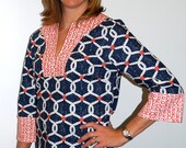 Handmade women's tunic top in Navy/Orange Nautical fabric combo & FREE U.S. shipping