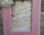 Shabby chic 4x6 pink wood picture frame with handmade vintage linen flowers