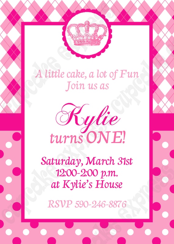 DIY Preppy Couture 3 Birthday Party PRINTABLE Invitation 5x7 hot pink mede pink lt. pink crowns princess -cupcake express Il_570xn
