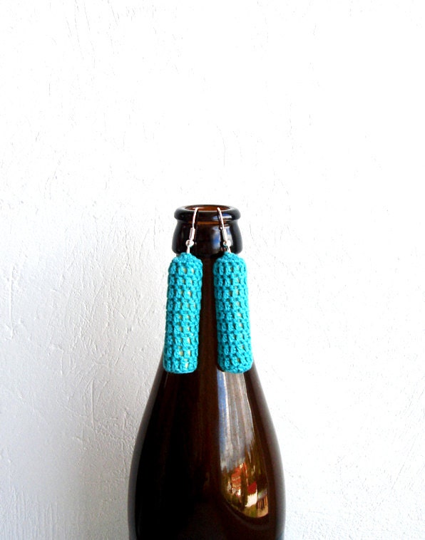 Cylinder Shaped Crochet Dangle Earrings in Green Turquoise