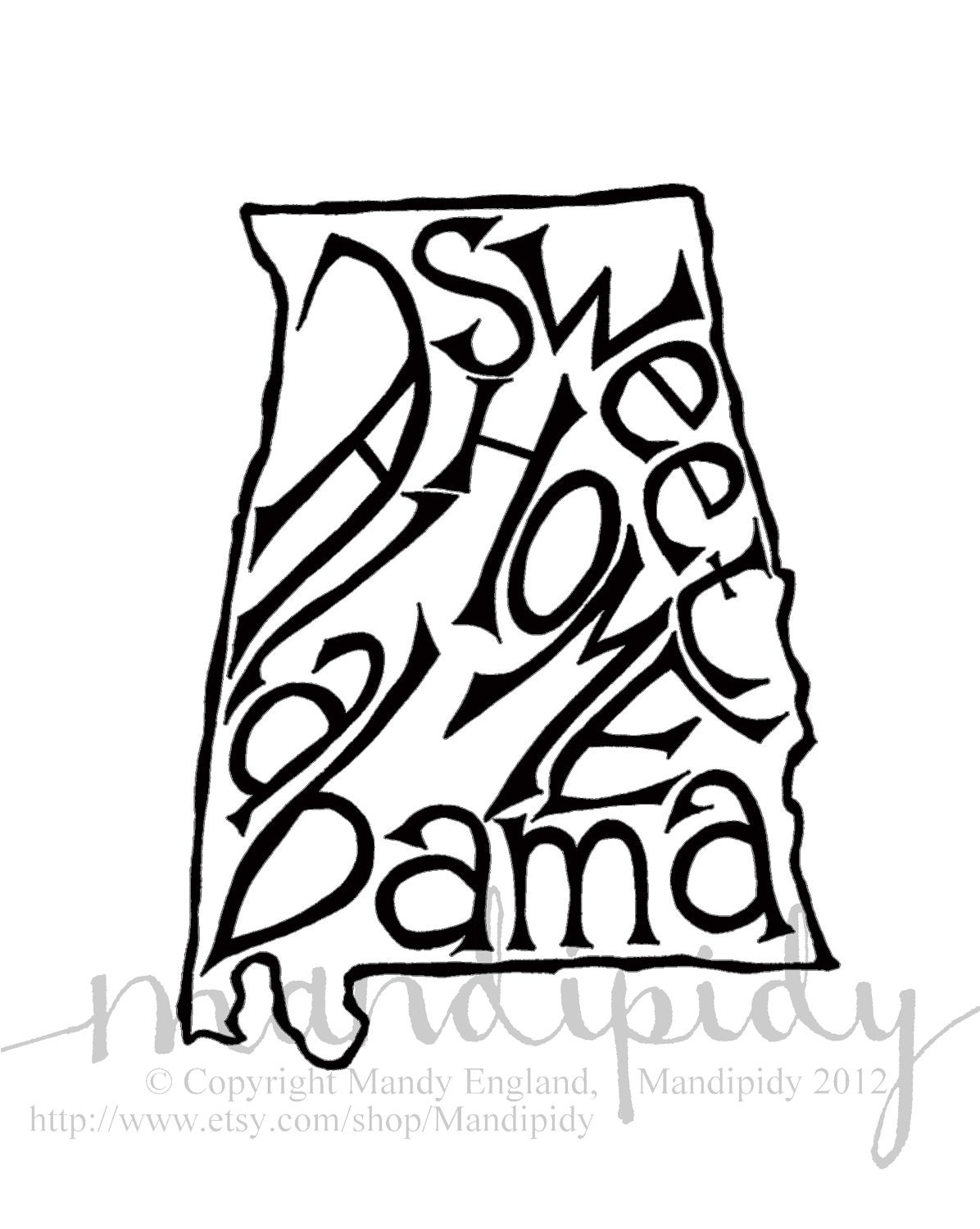 Sweet Home Alabama - White Background - 8 x 10 Illustrated Wall Art by Mandipidy