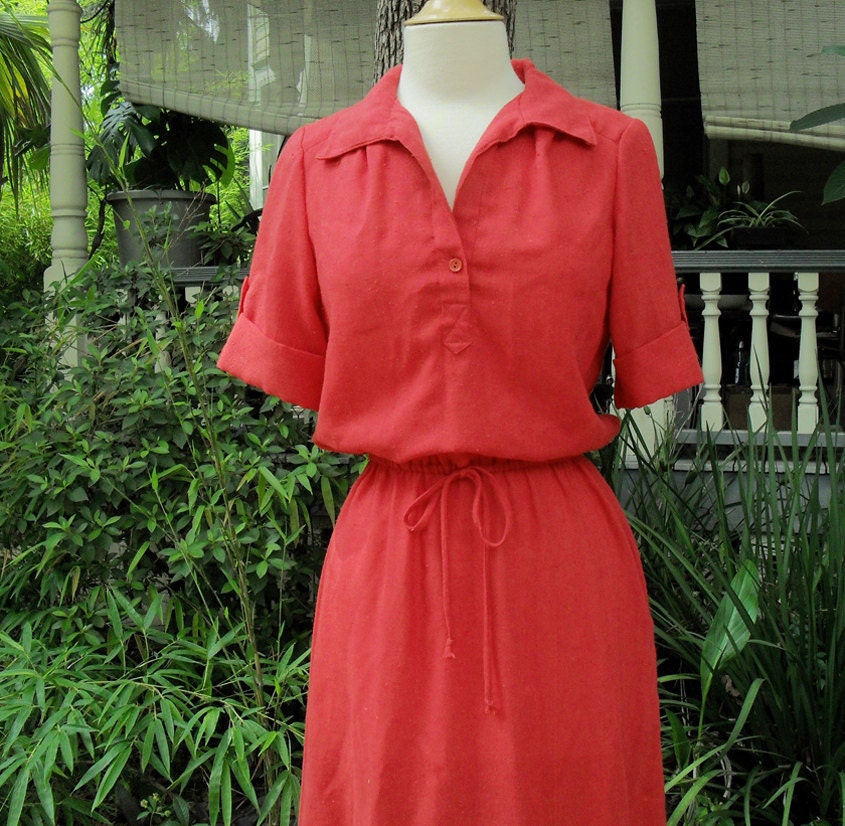 Hippie Cotton Shirt Dress in Burnt Orange Rust Red 1970s Boho Day Dress