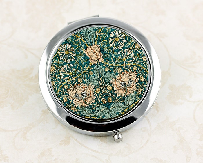 Ladies' Flower Compact Mirror, William Morris Honeysuckle Vintage Floral Pattern, Gifts for Her