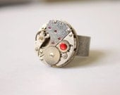 Adjustable Silver Brushed Nickel Unisex Wide-Band Steampunk Watch Mechanism Ring With Ruby Red Gem