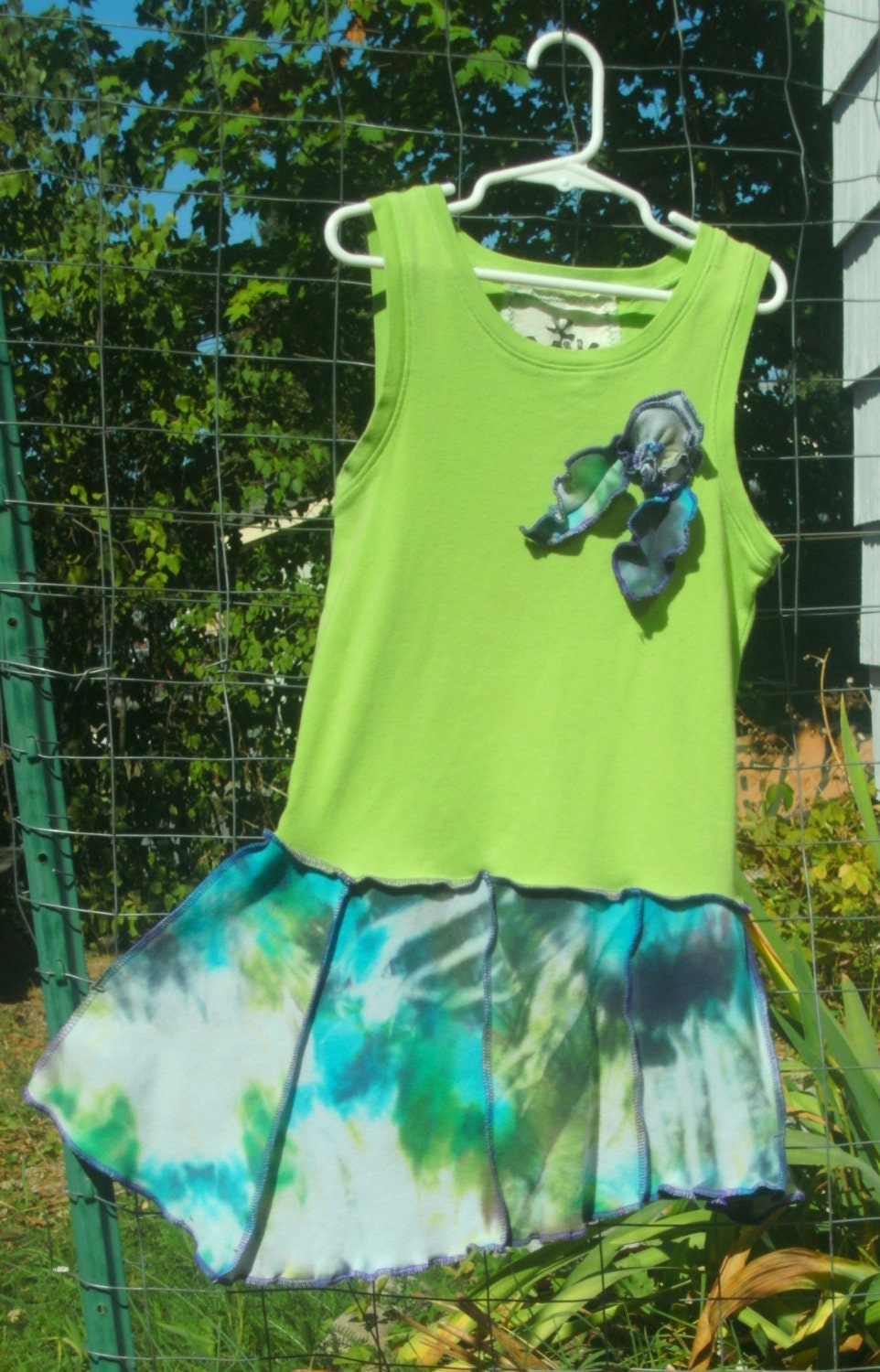 Eco friendly Girls lime green and tie dye blue/purple upcycled repurposed cotton tank dress