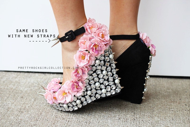 Floral Rhinestone Studded Spike Wedge Shoes 5 inch heels-sizes 5 1/2, 6, 7, 7 1/2, 8 - PrettyRockGirl