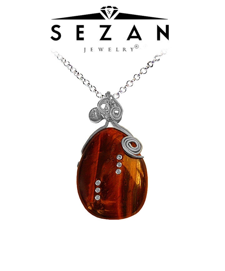Diamond decorated Tiger's Eye gemstone pendant, fine silver wired, handmade, brithstone Gemini