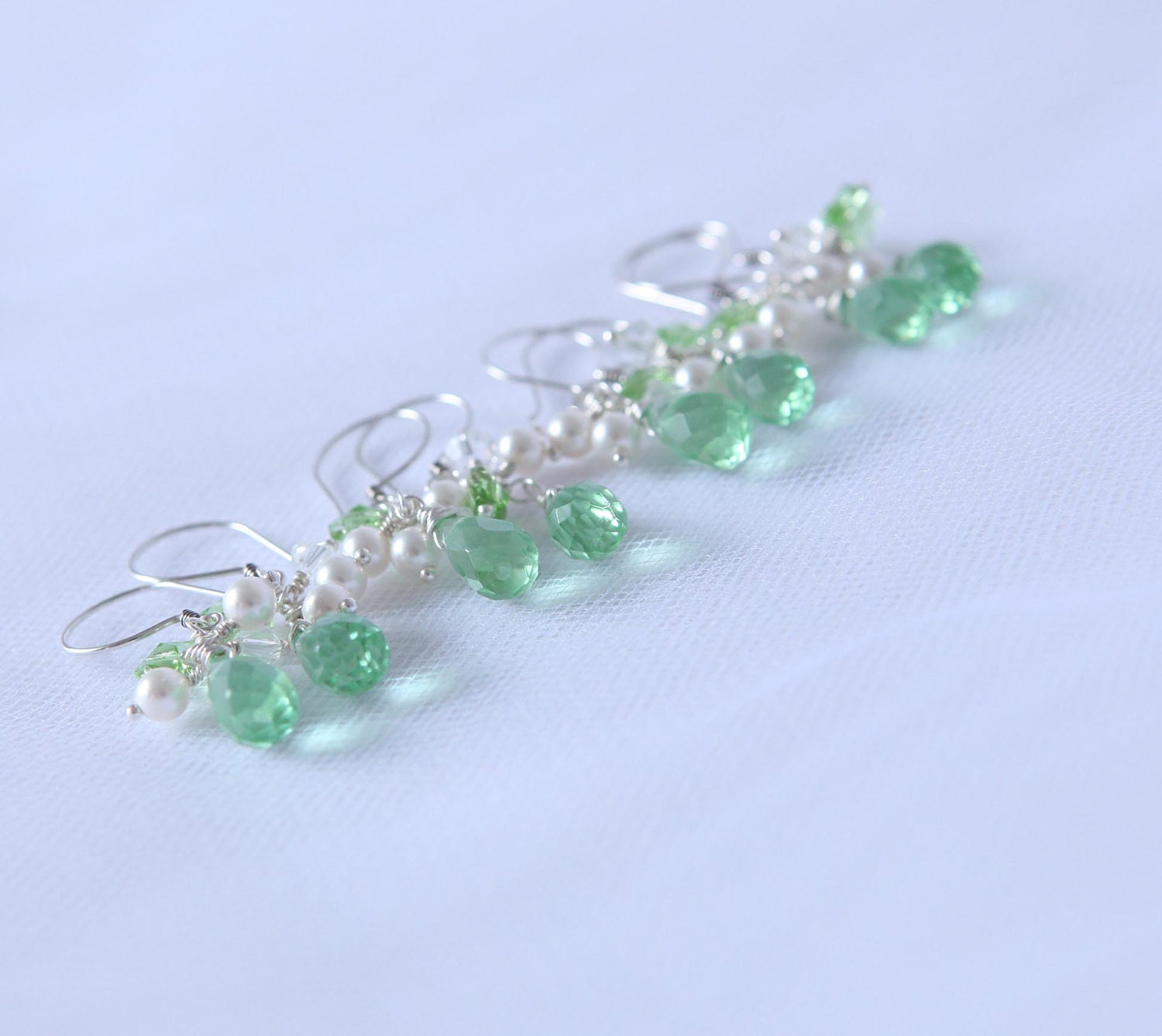 On Sale 6  bridesmaids earrings green quartz sterling silver. Six pairs bridal party jewelry green butterfly