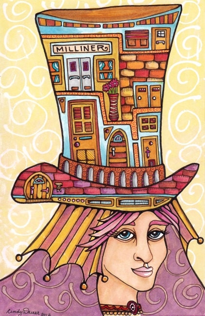 Original Illustration Milliner Maiden, 9x6 Colorful Hat Art