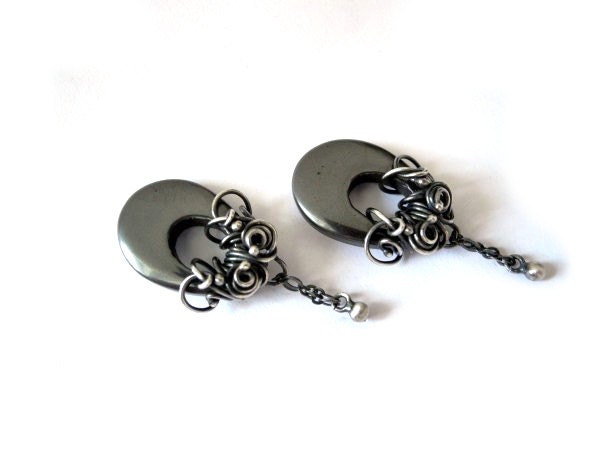 Hematite Dangle Earrings - Wire Wrapped Silver Studs - Long Dark Titanium Grey Earrings - Oval Geometric Chandelier