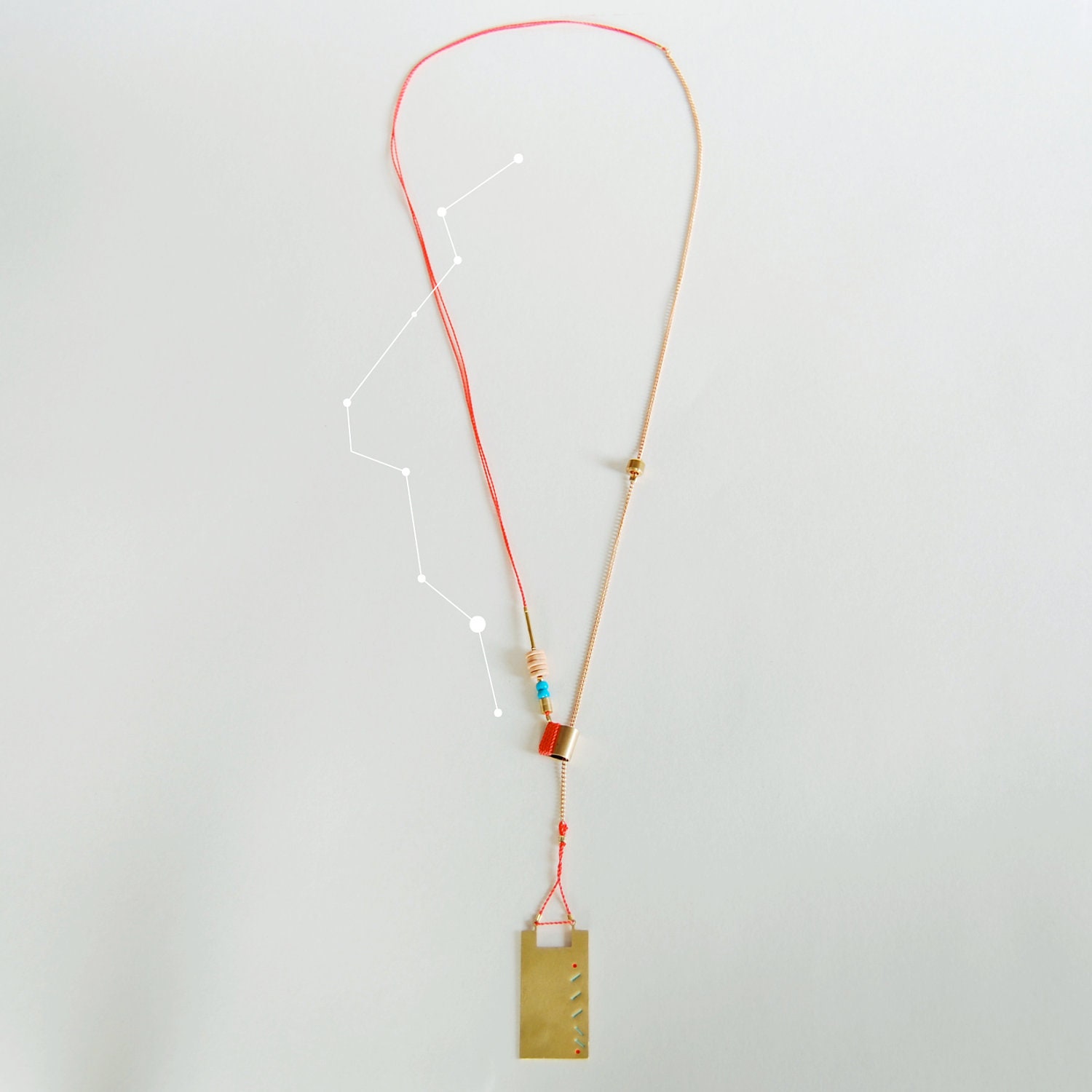 Beaded Geometric Lariat Necklace in Coral, The Pavo