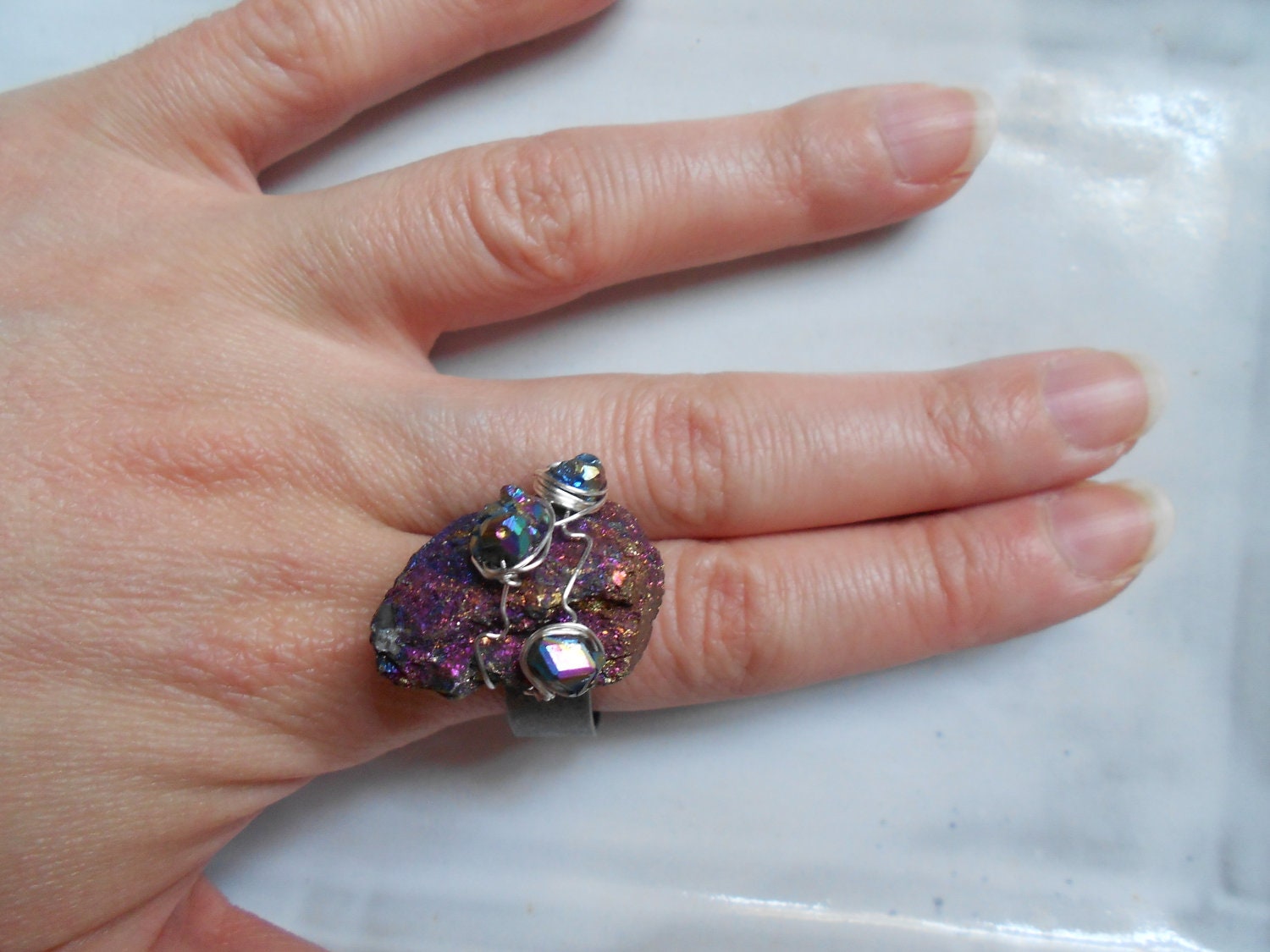 SALE Sci-Fi Space Rock Purple Peacock Rainbow Chalcopyrite Ring with Titanium Coated Druzies, Adjustable Band