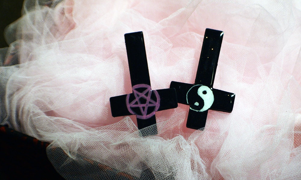 Hand painted wooden inverted cross pins, pentagram and peace sign