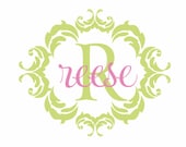 Name and Initial Vinyl Wall Decal Shabby Chic Damask Border Personalized Monogram Wall Decal Girl Baby Nursery Room Wall Art 22Hx26W FS238