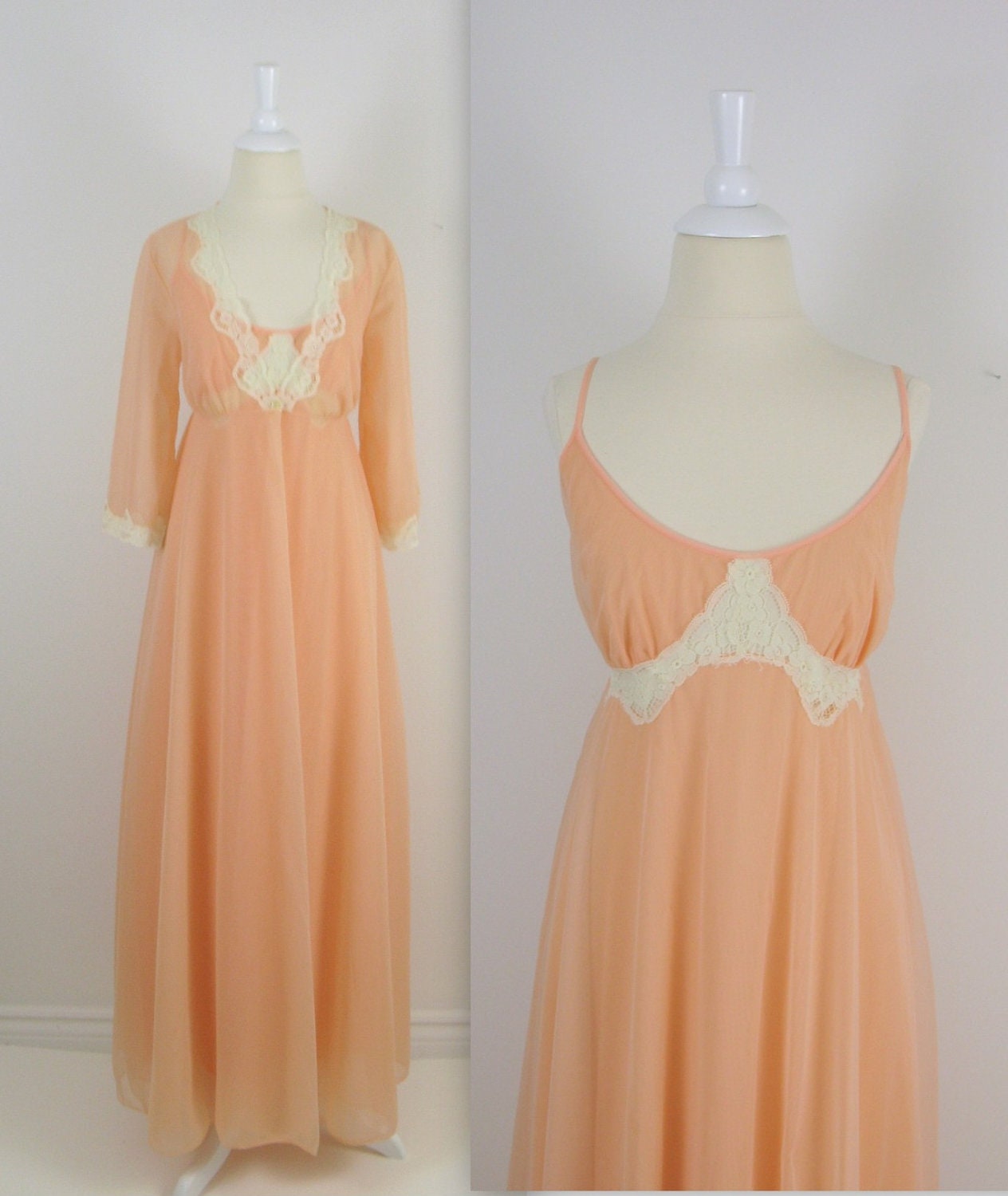 Vintage Nightgown Peignoir Set - 1970s - Peach Apricot - Medium