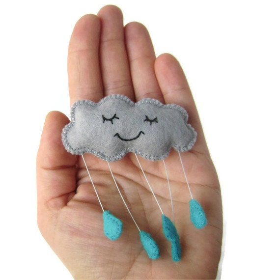 Grey Rain Cloud Felt Brooch with Blue Raindrops Sleepy Contented Cloud Brooch - CandykinsCrafts