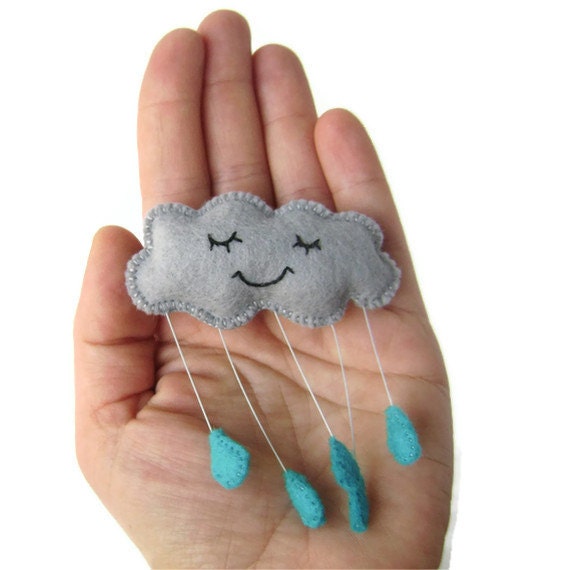 Grey Rain Cloud Felt Brooch with Blue Raindrops Sleepy Contented Cloud Brooch