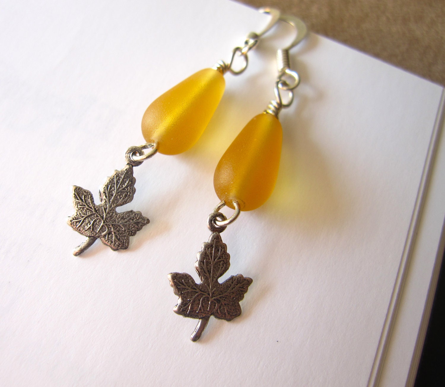 Yellow Sea glass earrings with Autumn Leaf - Perfect gift for autumn lovers