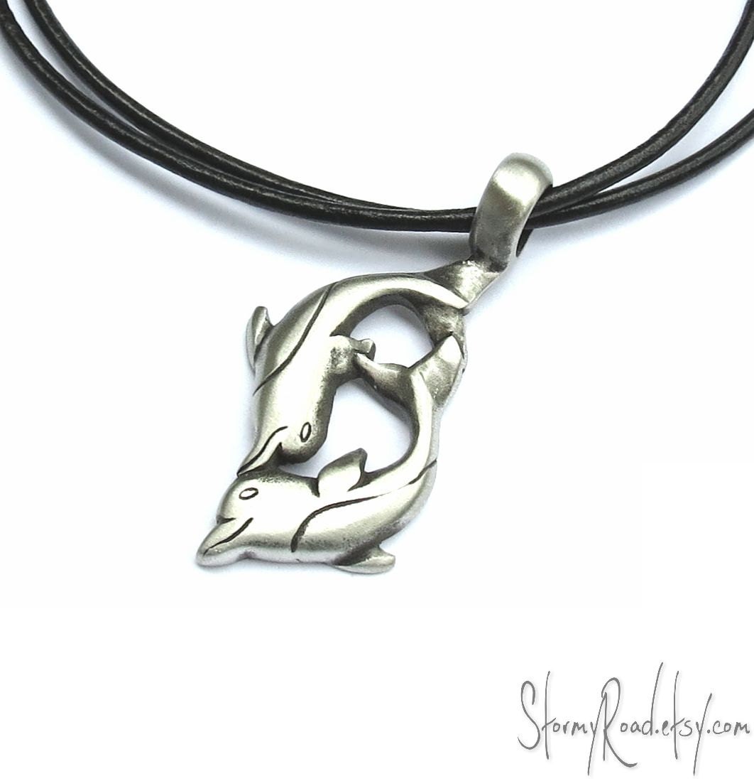 Playful Dolphin Necklace - Dolphin Pendant,  Leather Cord - Dolphin Jewelry, Surfer Necklace - StormyRoad