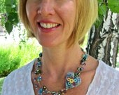 3 Stranded Garden Heart Necklace with Poly Clay Swarovski Crystal and Freshwater Pearls